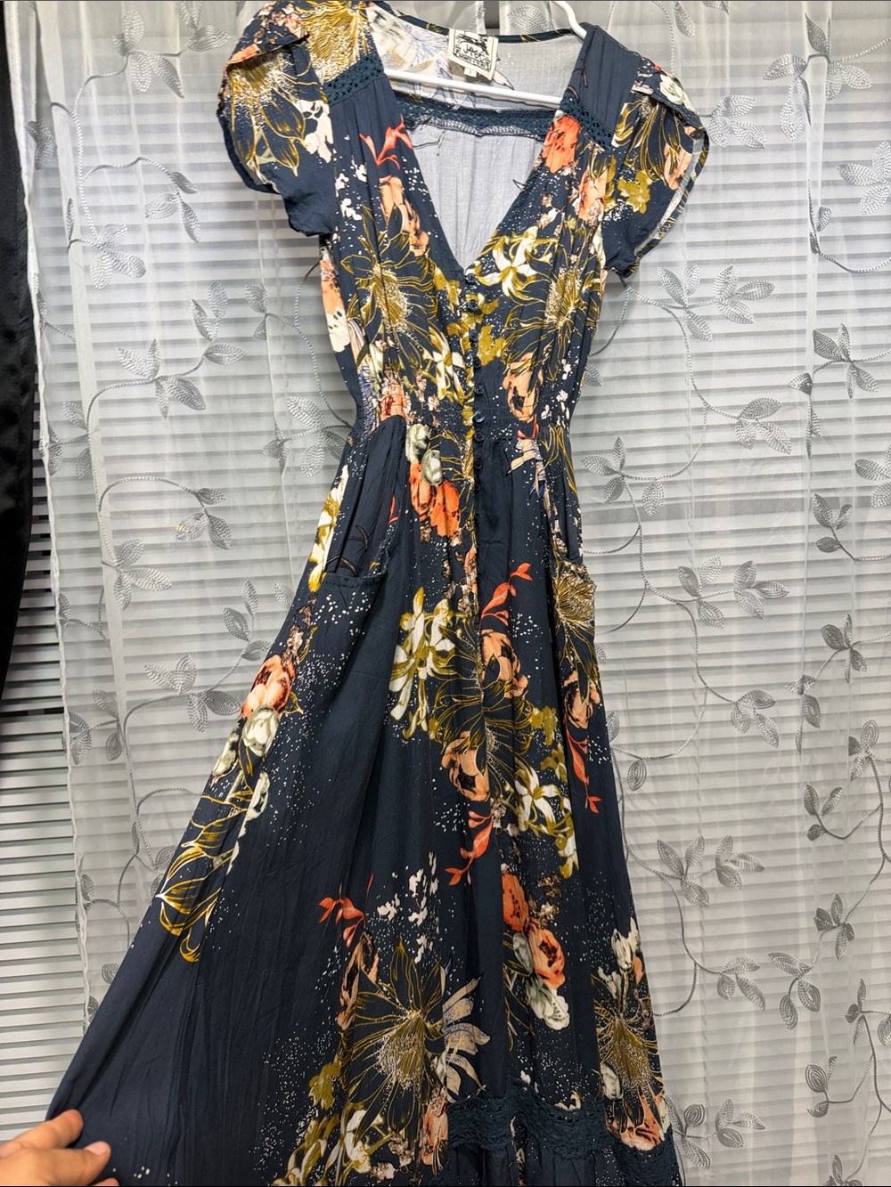 Floral Navy Maxi Dress with V-Neck - Picture 3 of 11